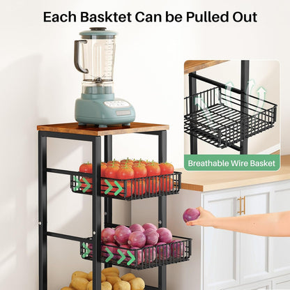 SNTD Fruit Basket Vegetable Stand for Kitchen Pantry, Pull Out Metal Wire Basket with Wood Top for Fruit Vegetable Onions Potatoes Snacks