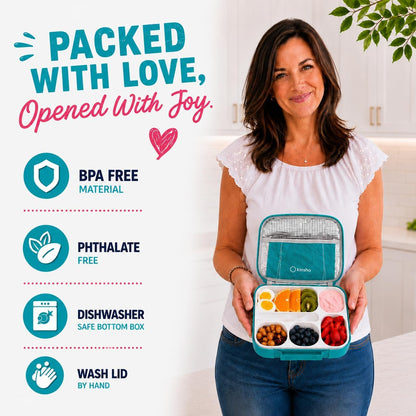 kinsho Lunch Box for Kids Boys Girls - Bento Box Set with Insulated Bag and Ice Pack, 6 Compartment Leak Proof Food Container, BPA-Free, Microwave Safe, Ideal for School & Work, Teal