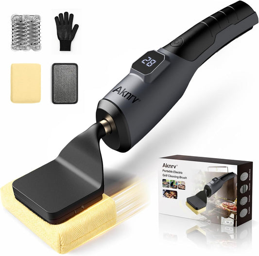 Electric Grill Brush - Bristle Free Grill Brush for Outdoor Grill, Cordless BBQ Grill Cleaner with 3 Heads, Rechargeable 240 Mins Runtime Barbecue Grill Cleaning Brush (Gray)