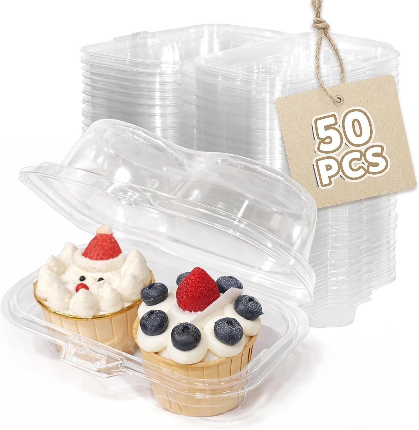 WIKDAY 2 Count Cupcake Containers with Lids, 25 Pack Stackable cupcake holders Clear Plastic Dessert Boxes for 50 Cupcakes, Muffins