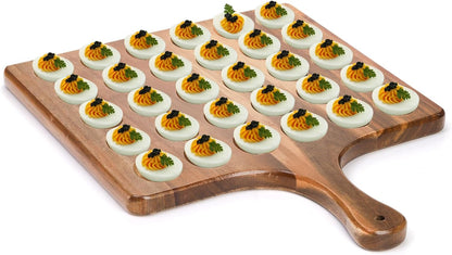 Okllen 30 Holes Reversible Wooden Deviled Egg Platter with Handle, Acacia Wood Deviled Egg Tray Charcuterie Board, Deviled Egg Holder, 17"x13"