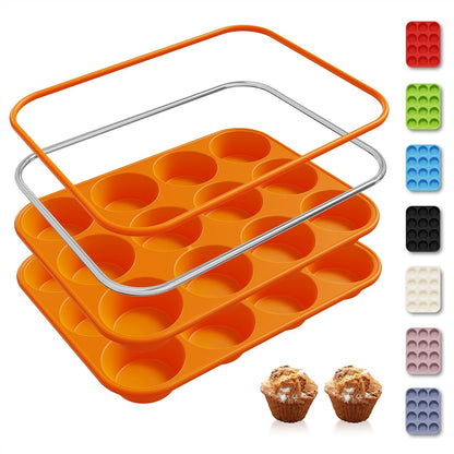 2 Pack 12 Cups Silicone Muffin Pan with Metal Reinforced Frame Regular Size Silicone Molds Cupcake Cake Baking Pans Cookie Baking Chocoflan Cupcake Mold Nonstick Muffin Tin Home Baking Supplies