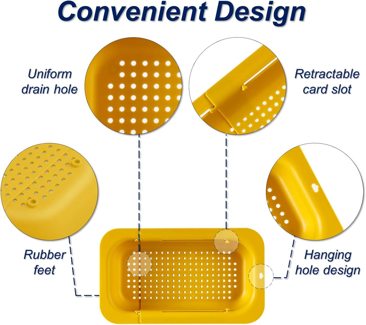 Extendable Sink Colander Strainer Basket - Wash Vegetables and Fruits, Drain Cooked Pasta and Dry Dishes - Adjustable Over the Sink Colander Collapsible Drainer Basket - White