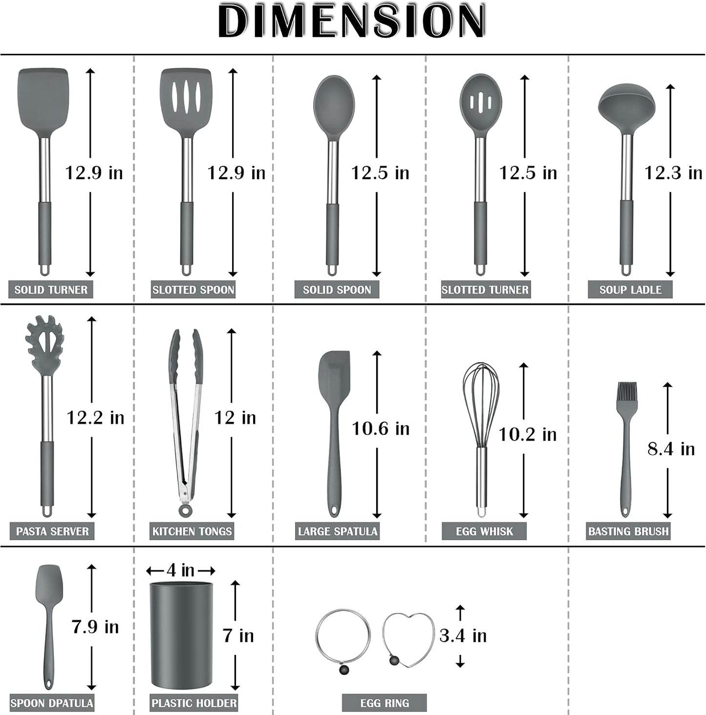 E-far Silicone Cooking Utensils Set, 7 Pcs Heat Resistant Kitchen Utensils with Stainless Steel Handle, Slotted Turner, Spoon, Soup Ladle, Pasta Server, Skimmer, Tongs for Nonstick Cookware, Black