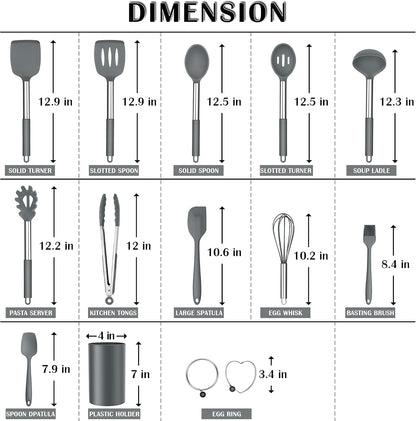 E-far Silicone Cooking Utensils Set, 7 Pcs Heat Resistant Kitchen Utensils with Stainless Steel Handle, Slotted Turner, Spoon, Soup Ladle, Pasta Server, Skimmer, Tongs for Nonstick Cookware, Black