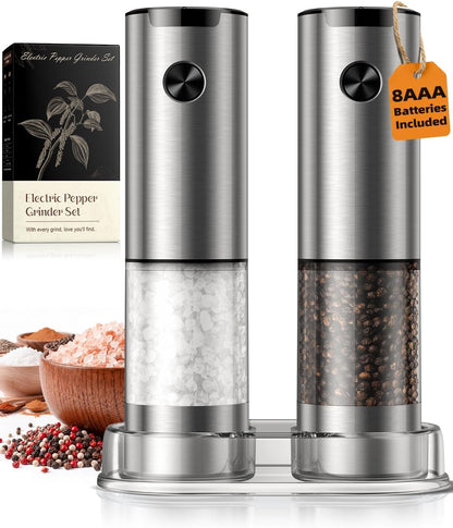 Electric Salt and Pepper Grinder Set, Battery Automatic Salt and Pepper Shaker with Adjustable Coarseness, Large Capacity Pepper Mill with LED White Elephant Gifts(Battery-Stainless Steel)