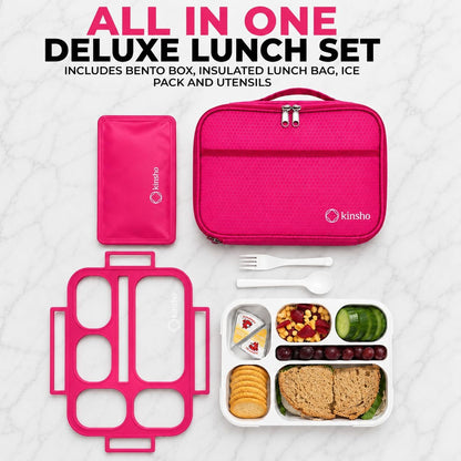 kinsho Lunch Box for Kids Boys Girls - Bento Box Set with Insulated Bag and Ice Pack, 6 Compartment Leak Proof Food Container, BPA-Free, Microwave Safe, Ideal for School & Work, Teal