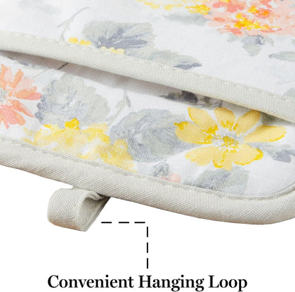 Martha Stewart Amber Floral Oven Mitt & Pot Holder Set 2-Pack, Blue/Green, OM: 7"x13" & PH: 7"x10"