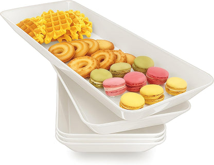 Serving Tray Platter Rectangle, 4 Pcs Long Narrow Food Tray for Veggie Fruit Snack Dessert, Plastic White Food Trays for Party Supplies Display, Rectangular Platters for Serving Food, BPA Free
