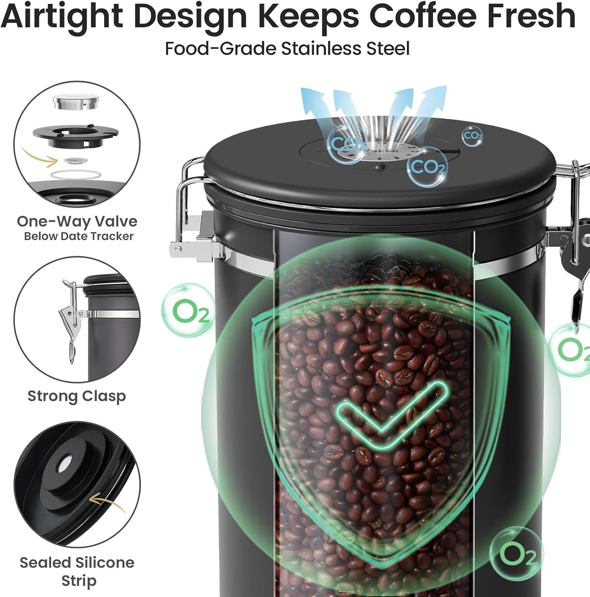 Veken Coffee Canister with Window, Family Choice Awards Winner, Airtight Stainless Steel Home Kitchen Food Storage Container with Lids for Grounds, Beans, Tea, Flour,Cereal,Sugar Jars,Scoop,16OZ,Black