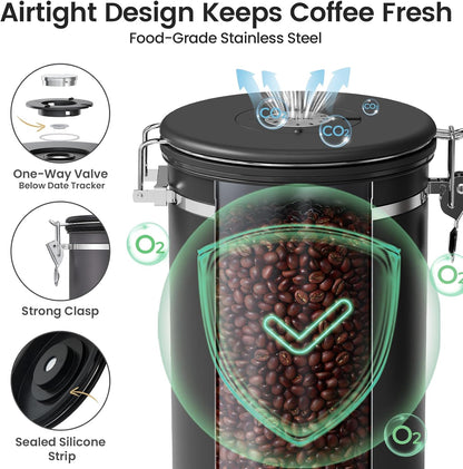 Veken Coffee Canister with Window, Family Choice Awards Winner, Airtight Stainless Steel Home Kitchen Food Storage Container with Lids for Grounds, Beans, Tea, Flour,Cereal,Sugar Jars,Scoop,16OZ,Black