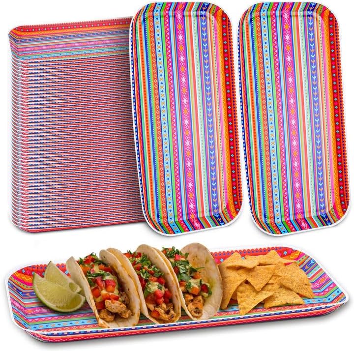 Wehhbtye 48 Pcs Mexican Food Serving Trays, Small Size 10.6'' x5'' Cinco De Mayo Paper Serving Platter, Colorful Striped Mexican Fiesta Plates for Single Taco Nacho Snack Themed Party Supplies