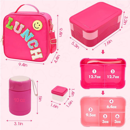 Insulated Lunch Bag for Boys Girls with 10oz Thermo, with 6 Compartment Bento Box, Black Nylon Preppy Lunch Box Adjustable Strap for Boy Girl Kids Teens School Travel Picnic
