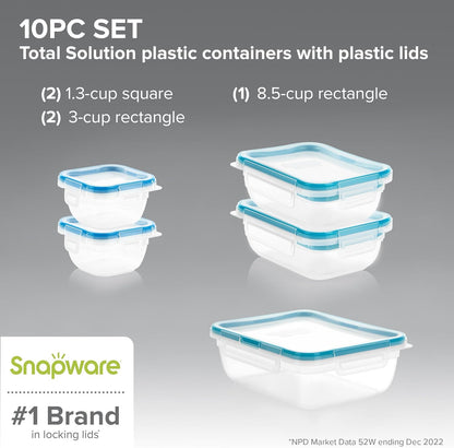 Snapware Plastic Total Solutions (5-Pack, 3 Cup) Food Storage Containers Set, Airtight & Leakproof Plastic Locking BPA-Free Lids Tupperware, Freezer Dishwasher Microwave Safe