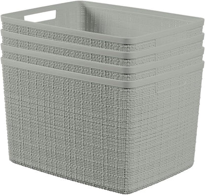 Curver Set of 4 Large 18L Easy Access Jute Decorative Plastic Organization and Storage Baskets - Perfect Bins for Home Office, Closet Shelves, Kitchen Pantry and All Bedroom Essentials, Black