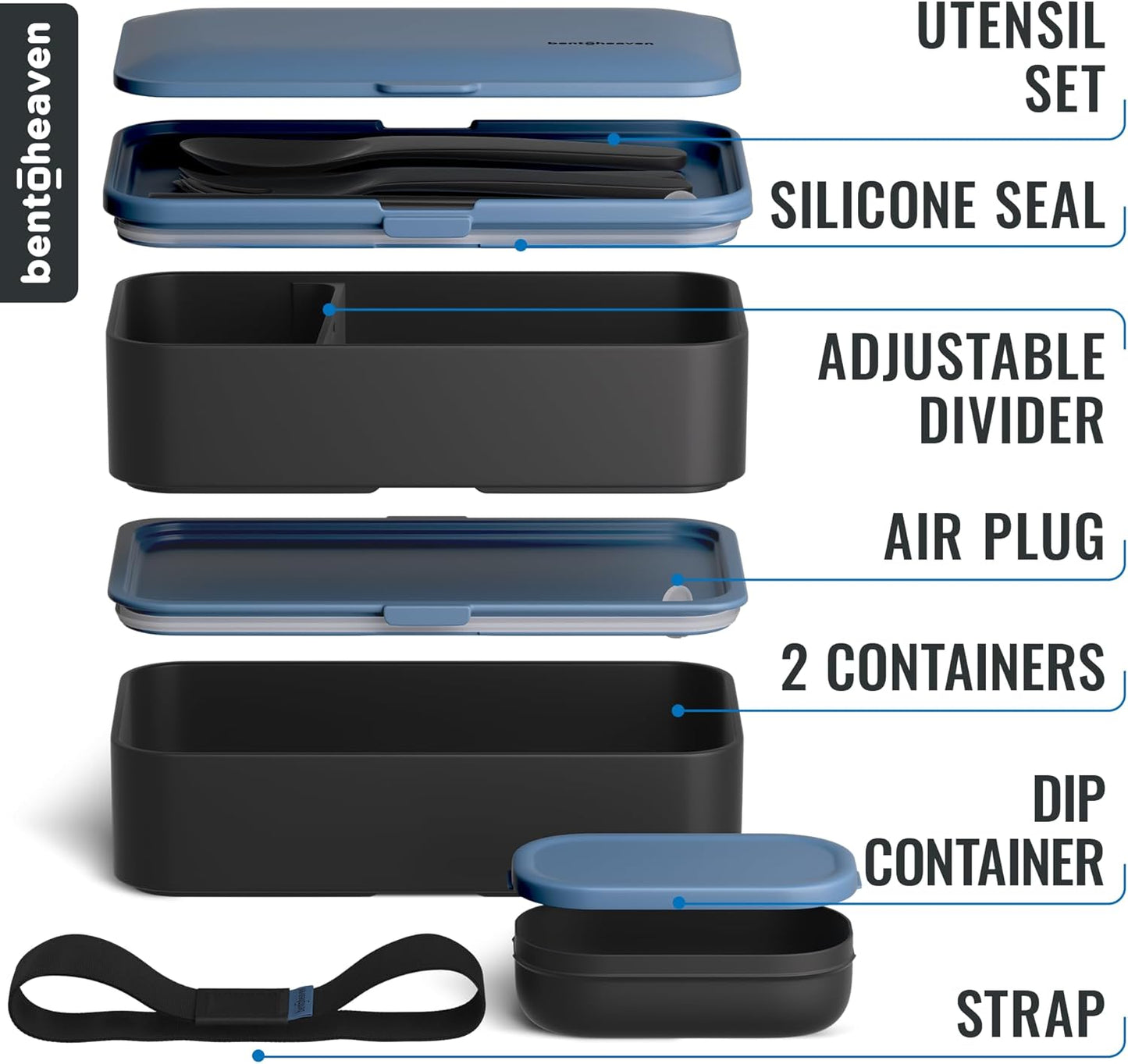 Bentoheaven Premium Bento Box Adult Lunch Box with Compartments for Women & Men, Set of Utensil & Chopsticks & Dip Container, Cute Japanese Kids Bento Lunch Box, Microwavable (Symph Onyx)