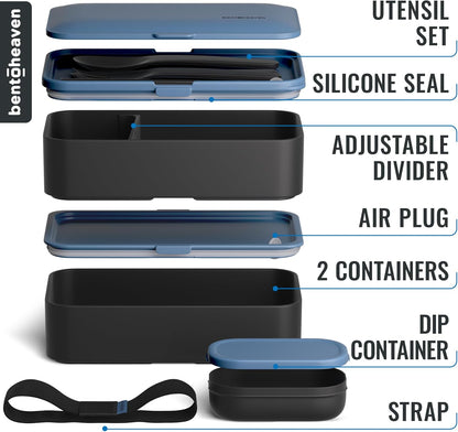 Bentoheaven Premium Bento Box Adult Lunch Box with Compartments for Women & Men, Set of Utensil & Chopsticks & Dip Container, Cute Japanese Kids Bento Lunch Box, Microwavable (Symph Onyx)