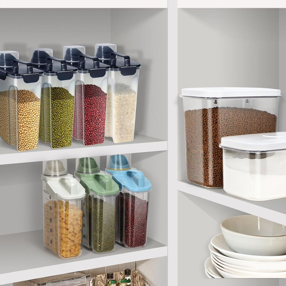 LEAWALK Airtight Rice Storage Container, 3-5Lbs Cereal Dry Food Flour Bin, Pet Dog Cat Food Dispenser with Measuring Cup, BPA Free Plastic Kitchen and Pantry Organization Bin for Sugar-Clear Grey