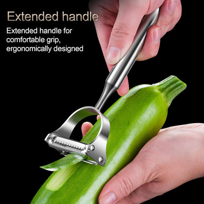 2 in1Julienne Vegetable Peeler,Stainless Steel Silver | Multi functional Peeler one-piece metal construction prevents the blades from wobbling or becoming loose after prolonged use
