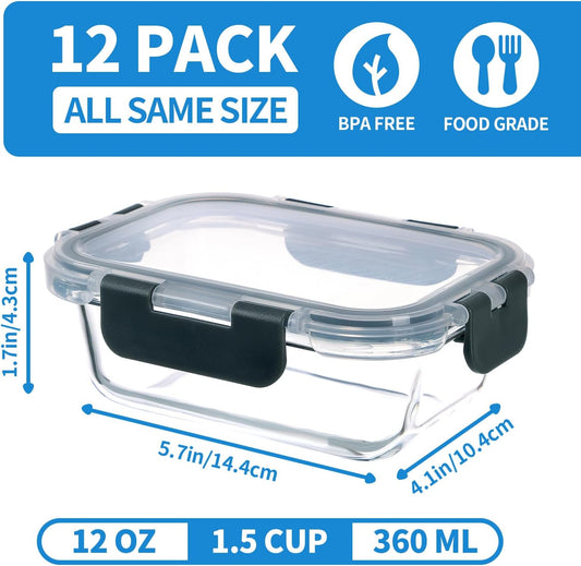 GULFLIN 12 Pack 22oz Glass Meal Prep Containers, Food Storage Containers with Lids, Air-Tight, Leak-Resistant, Freezer to Microwave Safe - Grey Set