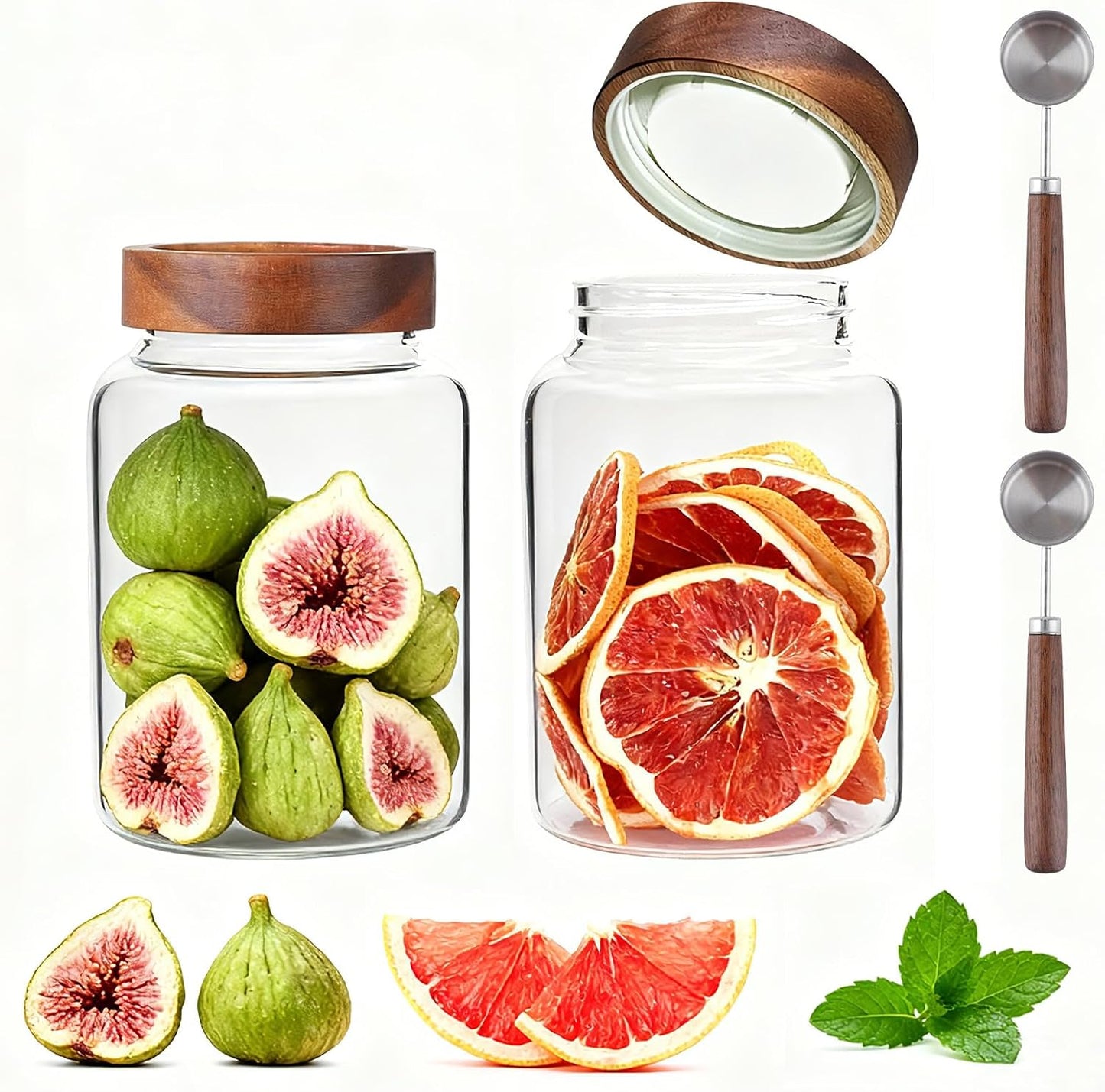 6 pc Glass Spice jars Glass Jars with Screw Lid 5 oz Acacia Wood Glass Herb Sugar Coffee Bean Ground Container Food Storage Canister for Candy Pantry Tea Seasoning Meal Prep Snack (6*150ml(5oz))