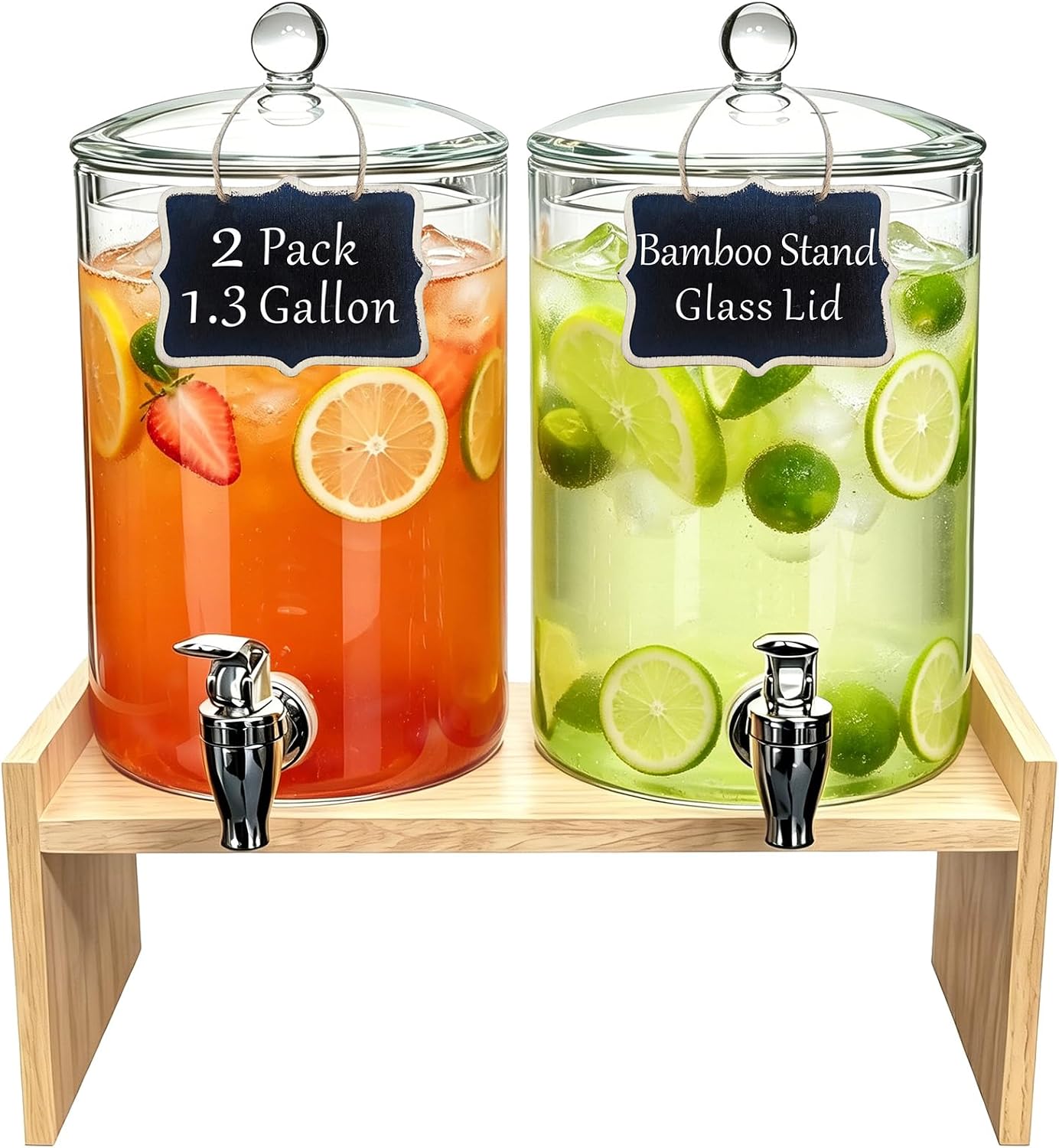 Glass Drink Dispenser with Bamboo Stand & Lid,2 Pack 1.3 Gallon Large Beverage Dispenser with Spigot,Iced Tea Water Juice & Lemonade Dispenser for Parties,Dishwasher Safe