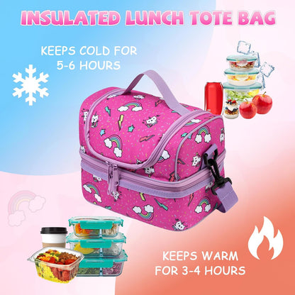Lunch Bag for Girls,ChaseChic Insulated Lightweight Lunch Boxes for Kids Boys Dual Compartment Lunch Organizer Leak-Proof Cooler Bag with Detachable Adjustable Shoulder Strap,Purple Butterflies