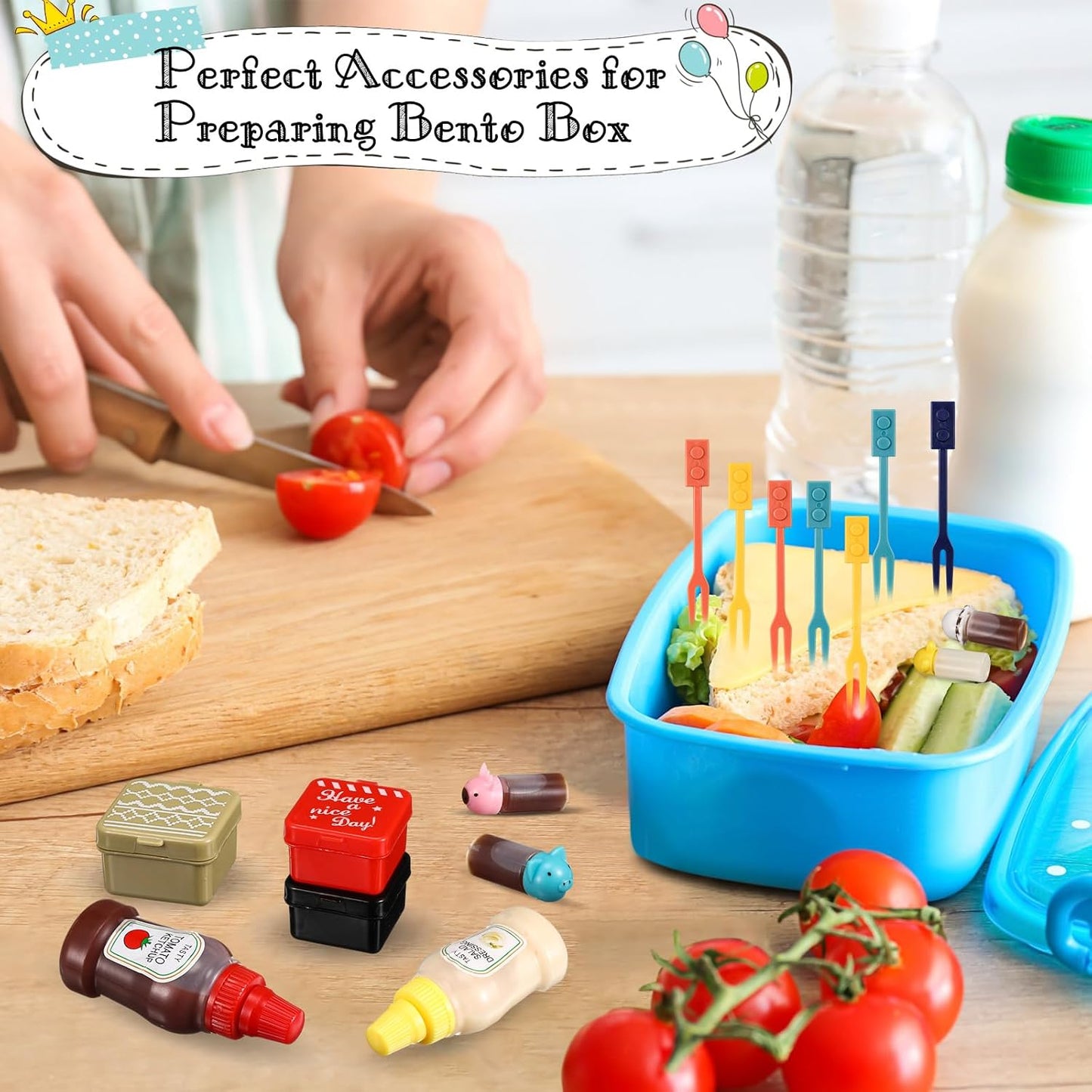 50 Pcs Kids Bento Box Accessories Including Food Picks Mini Condiment Bottles Ketchup Squeeze Bottles, Mini Soy Sauce Container with Funnel for Kids School Bento Camping Office Accessories (Animal)
