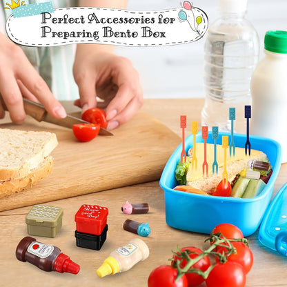 50 Pcs Kids Bento Box Accessories Including Food Picks Mini Condiment Bottles Ketchup Squeeze Bottles, Mini Soy Sauce Container with Funnel for Kids School Bento Camping Office Accessories (Animal)