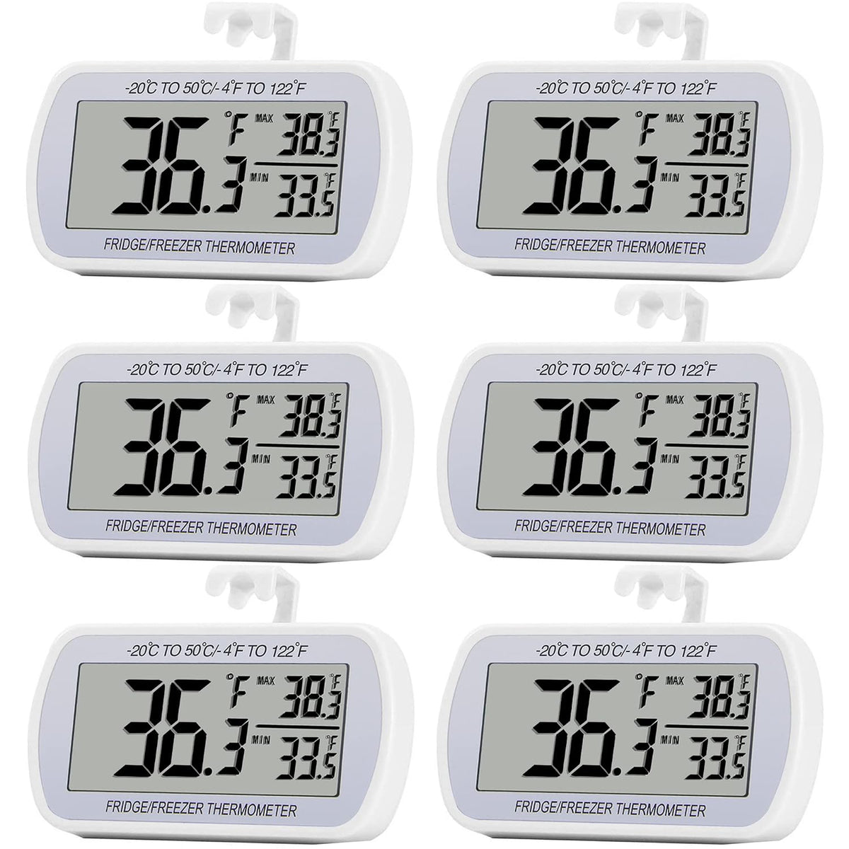 Refrigerator Thermometer Digital Fridge Freeze Room Thermometer Waterproof Large LCD Display Max/Min Record Function, White