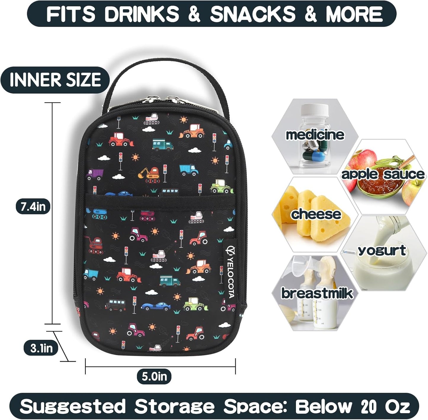 Yelocota Small Insulated Lunch Bag- Snack Bag- Mini Cooler Bag with Handle for Travel,Work,School(Storage Space below 20oz)- Also Suitable for Pairing with Food Jar