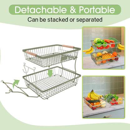 Fruit Basket Bowl 2 Tier Detachable with 2 Banana Hangers, Fruit Stand Holder for Kitchen Countertop, Metal Wire Vegetable Storage Organizer, for Bread Snack Veggies Produce, Black