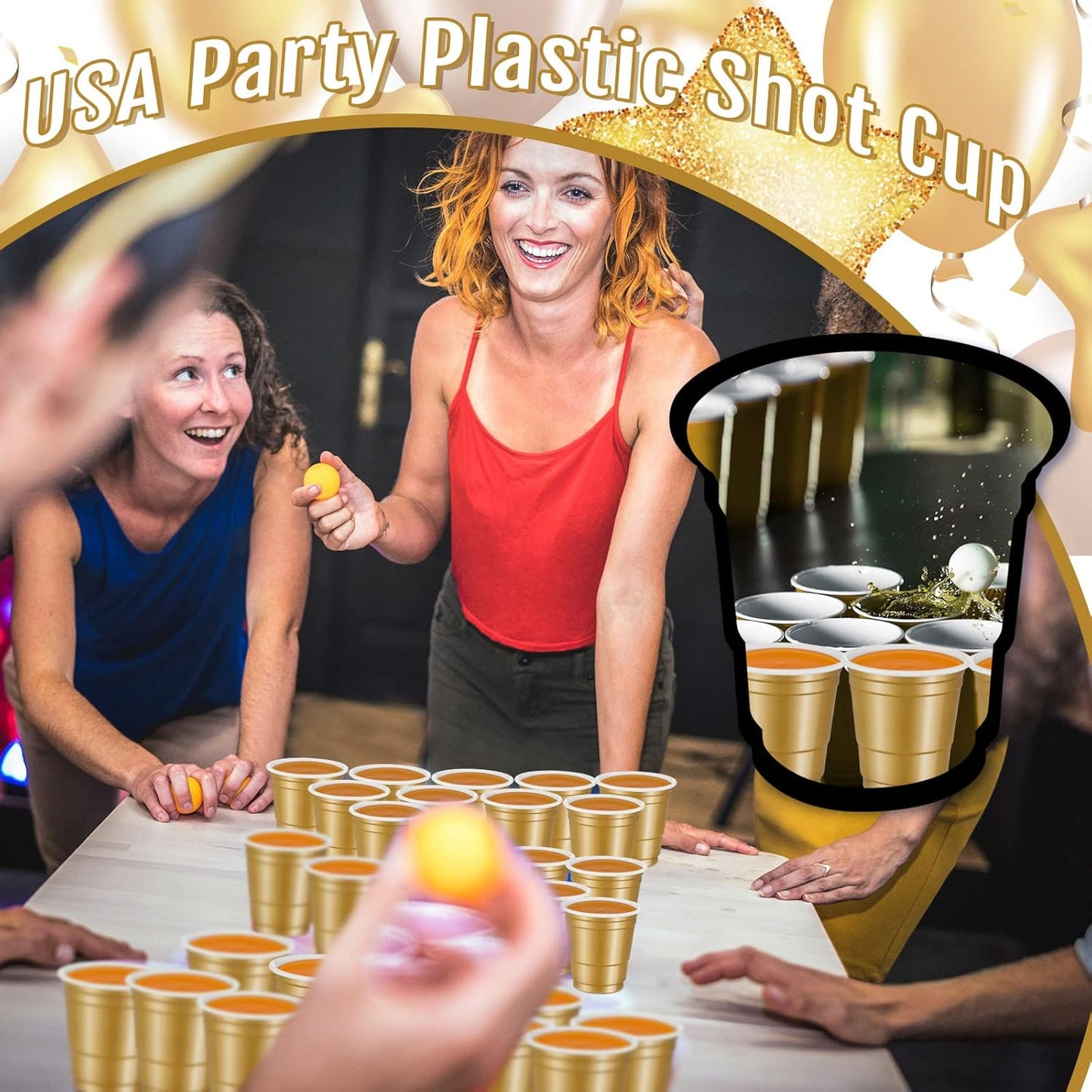 Roshtia 100 Pack 2 oz Plastic Shot Cups, Mini Disposable Shot Glasses 2 oz Wedding Party Cups for Bridal Shower Wedding Party, Beer Taste Serving, Snacks(Black, Gold)