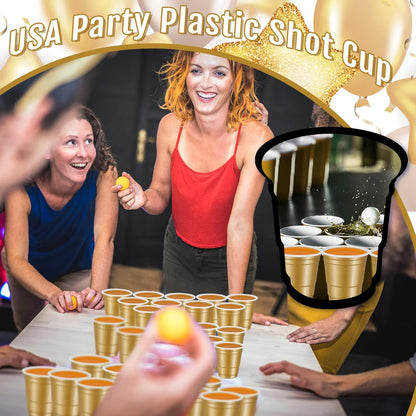 Roshtia 100 Pack 2 oz Plastic Shot Cups, Mini Disposable Shot Glasses 2 oz Wedding Party Cups for Bridal Shower Wedding Party, Beer Taste Serving, Snacks(Black, Gold)