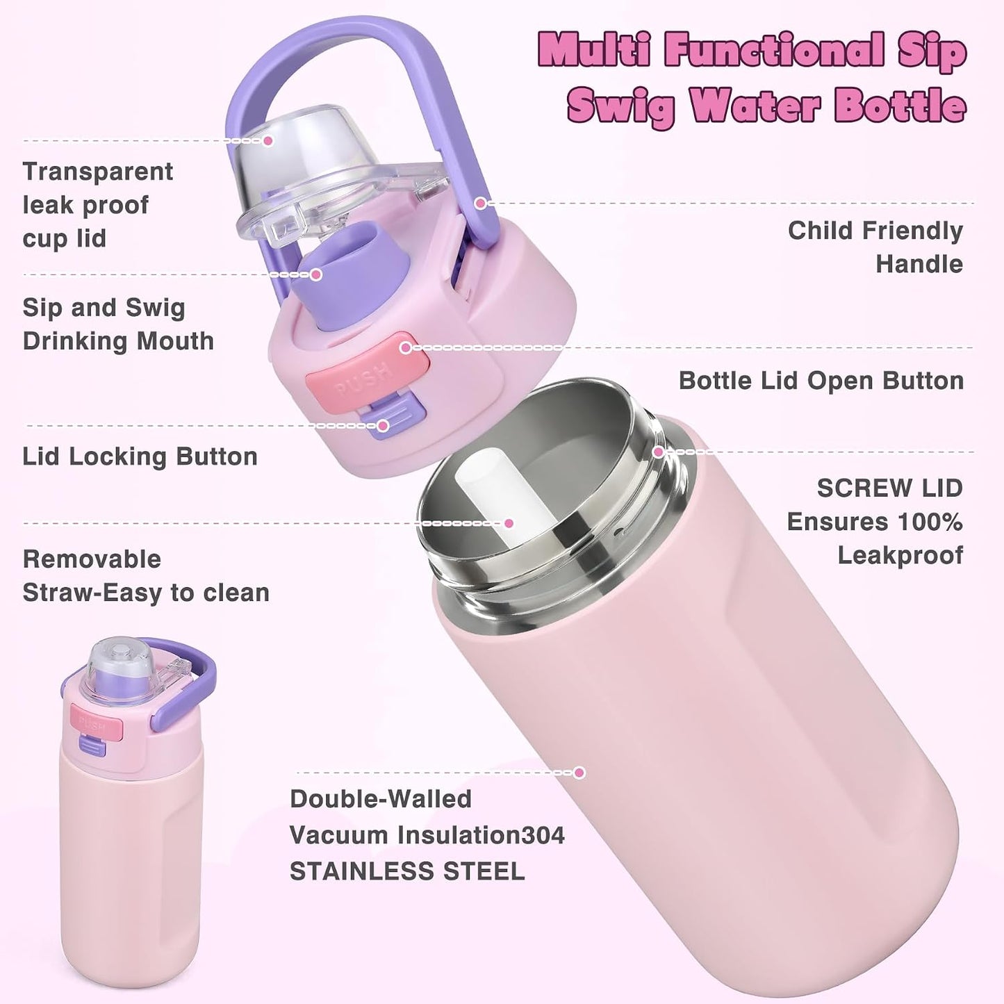 Bento Lunch Box for Kids with 7oz Soup Thermo,Insulated Stainless Steel Kids Water Bottle with Straw and Insulated Lunch Bag,Leak-Proof Lunch Food Container with Ice Pack for School (Purple-Mermaid)