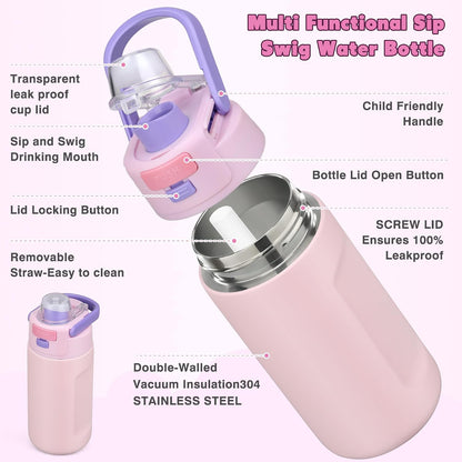 Bento Lunch Box for Kids with 7oz Soup Thermo,Insulated Stainless Steel Kids Water Bottle with Straw and Insulated Lunch Bag,Leak-Proof Lunch Food Container with Ice Pack for School (Purple-Mermaid)