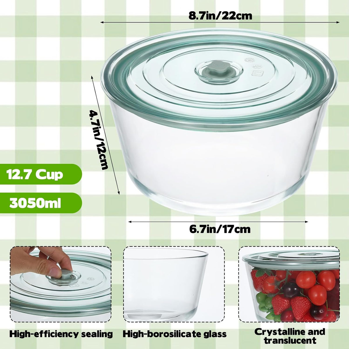 Glass Microwave Steamer Cookware Container with Vented Lid, 12.7-cup Vegetable Steamer Bowl Microwave-Safe Bowl for Vegetables Veggies Fish Rice Fits Most Microwaves, Dishwasher Safe