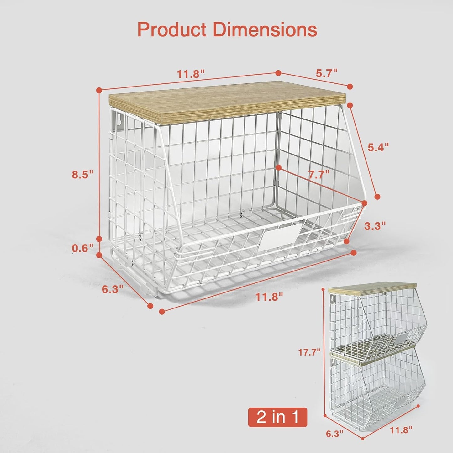 Goozii Hanging Wall Fruit Basket for Kitchen Counter 2 Pack, Stackable Wire Baskets for Organizing with Wood Lid, Potato and Onion Storage Bin with Banana Hook for Vegetable Produce, Black + Rustic