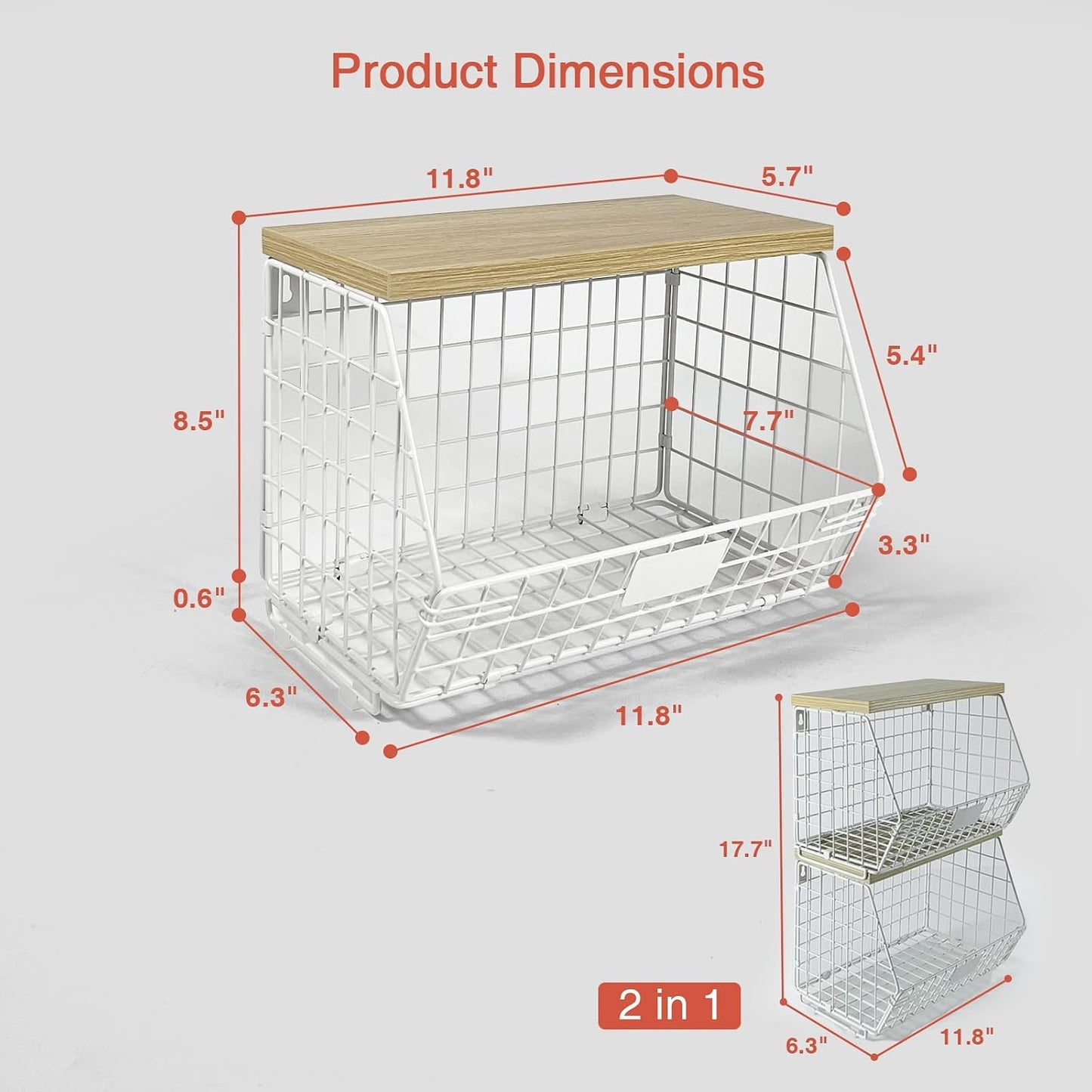 Goozii Hanging Wall Fruit Basket for Kitchen Counter 2 Pack, Stackable Wire Baskets for Organizing with Wood Lid, Potato and Onion Storage Bin with Banana Hook for Vegetable Produce, Black + Rustic