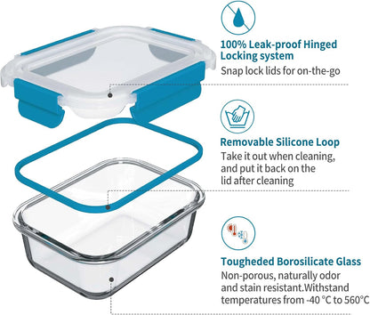 GENICOOK Glass Food Storage Containers With Glass Lids Bento Box Set Lunch Box Eco Friendly Meal Prep Containers Airtight – Plastic Free, Silicon Sleeve Bpa Free 4.4cup/ 5 * 1050ml