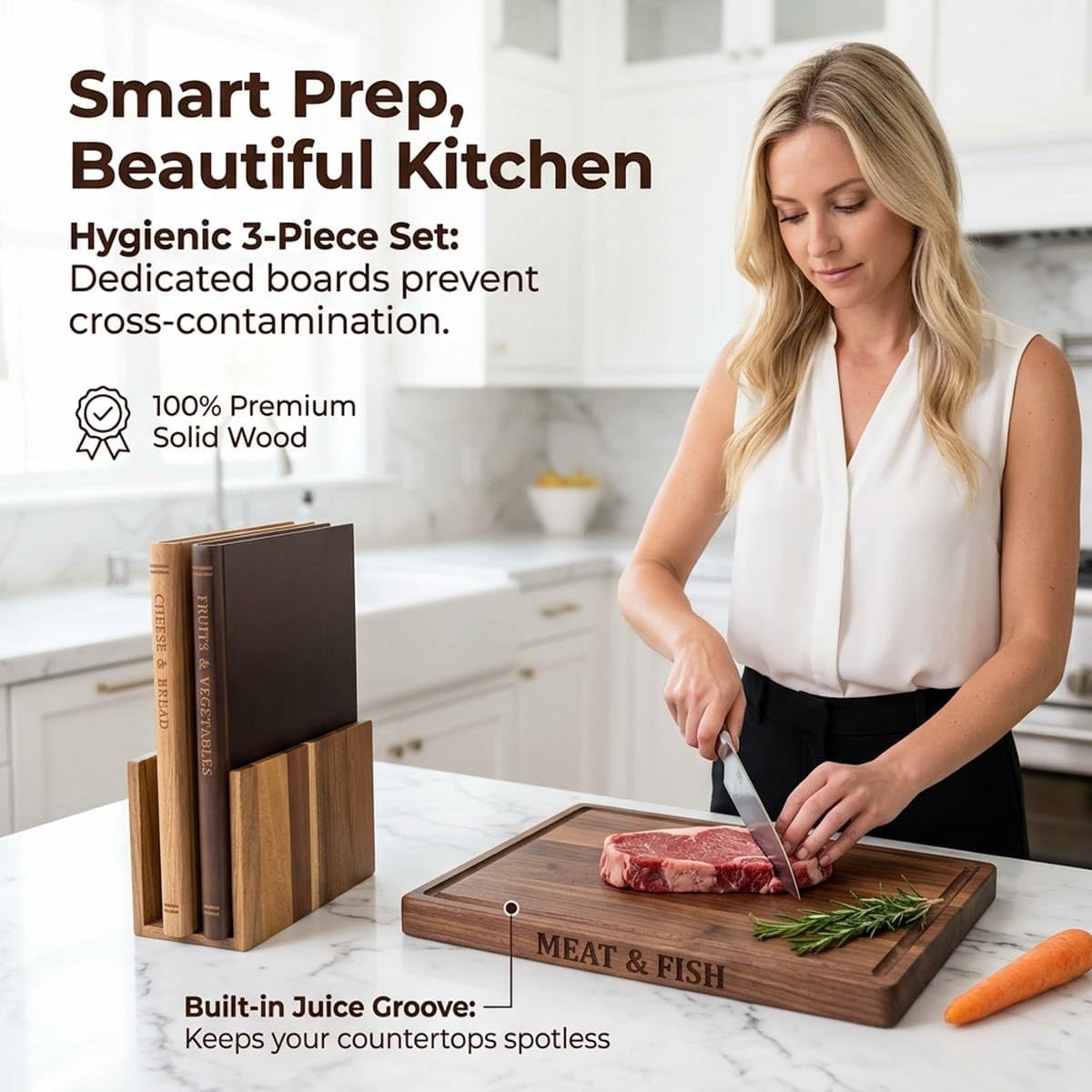 Large Wood Cutting Boards Set of 3 for Kitchen Meal Prep & Serving, Cutting Board That Looks like Books, Wooden Charcuterie Chopping Board with Holder Non Slip Decorative Kitchen Gift