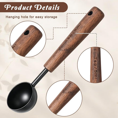 4 Pcs Wooden Handle Measuring Spoons, Black Stainless Steel Measuring Scoops Tablespoon Measure Cups for Kitchen Baking and Cooking (15ml, 5ml, 2.5ml, 1.25ml)