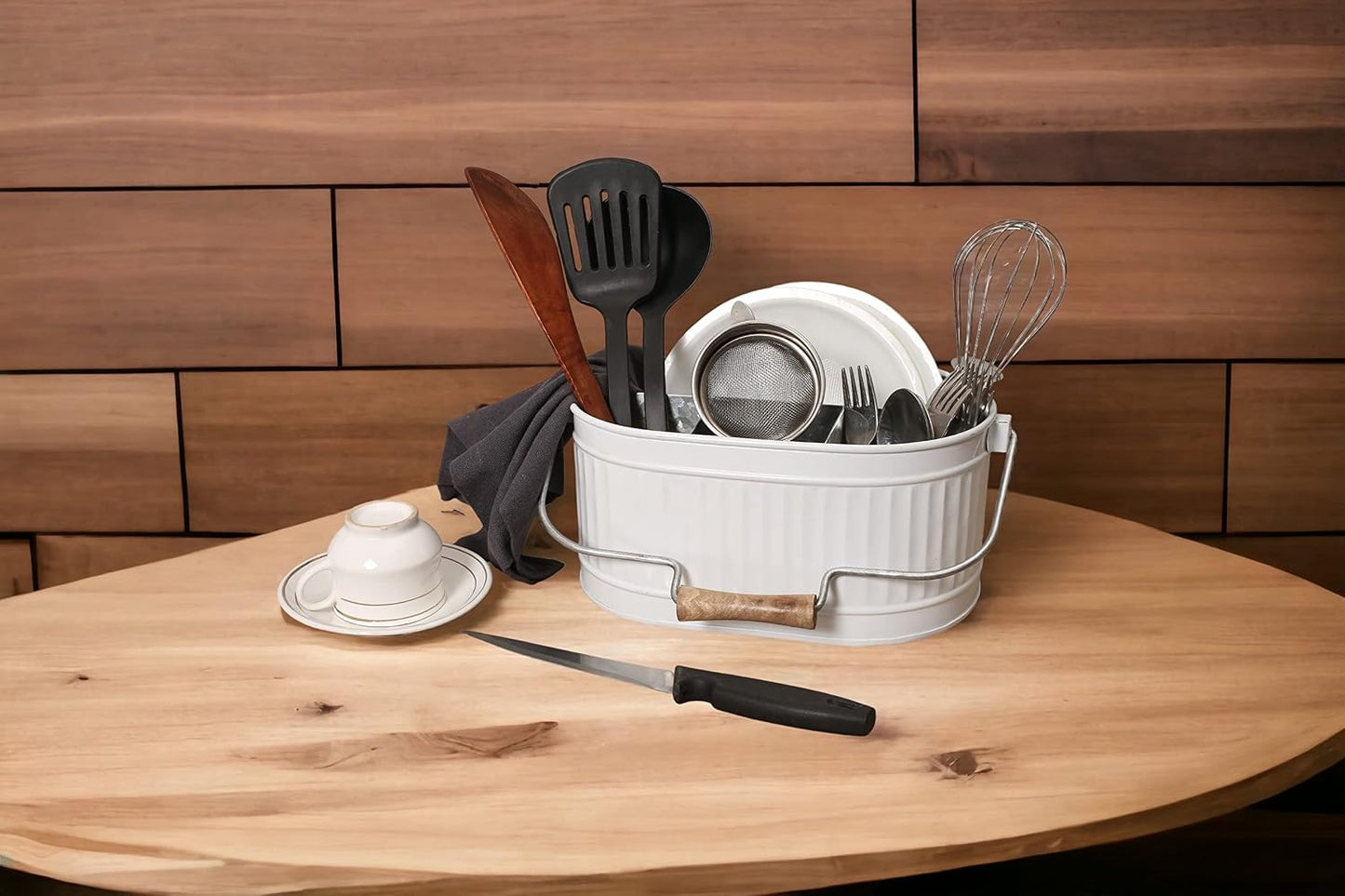 CLEENTABLE Farmhouse Galvanized Metal Utensil Caddy – 4-Compartment Silverware Organizer with Removable Handle for Countertop, Picnic & Party Use (10"x6.5"x5.5", Grey)
