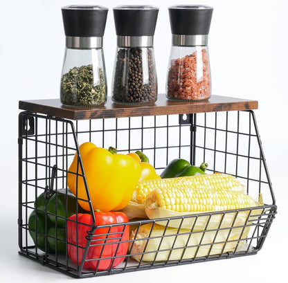 White Fruit Bowl Wire Basket Storage Pantry Fruit and Vegetable Storage Fruit Basket for Kitchen Counter Stackable Wall Mounted Hanging Basket Wire Basket with Wood Lid with Hanger Hooks