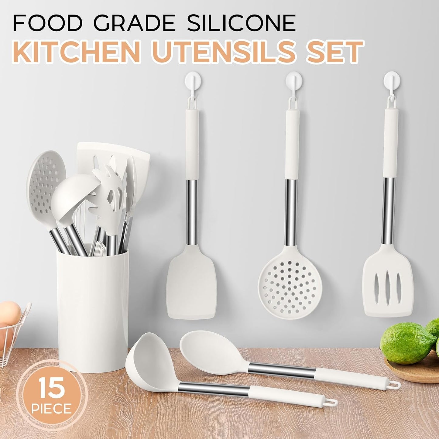 Onader Kitchen Utensils Set, 15 Pcs Silicone Cooking Utensils Set with Holder and Heat Resistant Stainless Steel Handle for Nonstick Cookware - Black