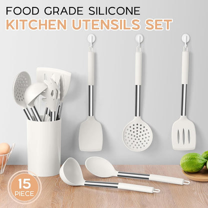 Onader Kitchen Utensils Set, 15 Pcs Silicone Cooking Utensils Set with Holder and Heat Resistant Stainless Steel Handle for Nonstick Cookware - Black