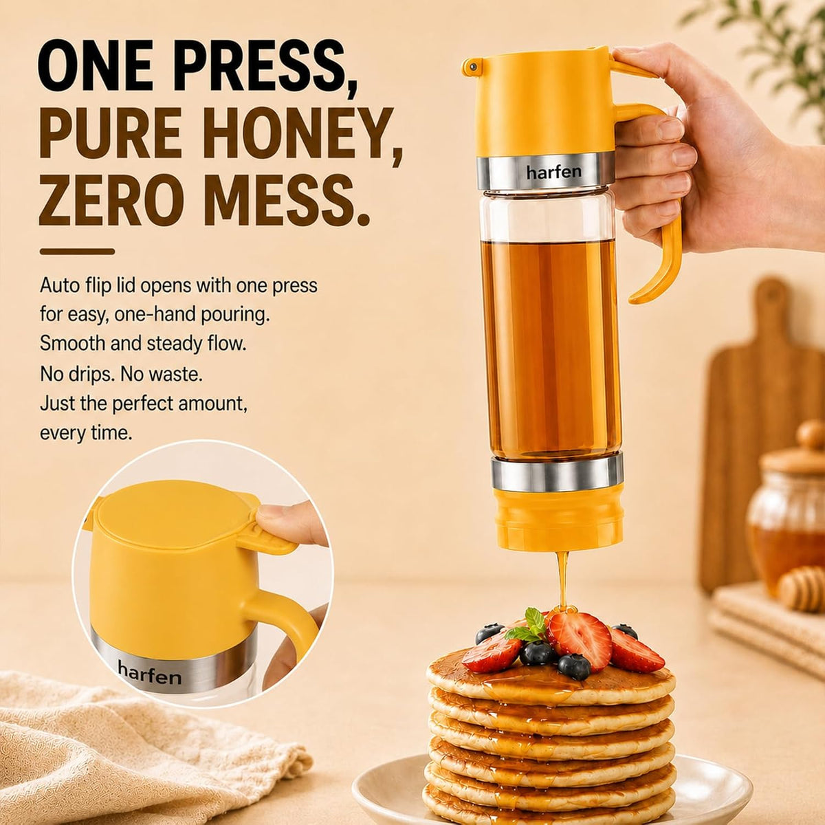 No Drip Glass Honey Dispenser - 9oz Leak Proof Syrup Container with Trigger