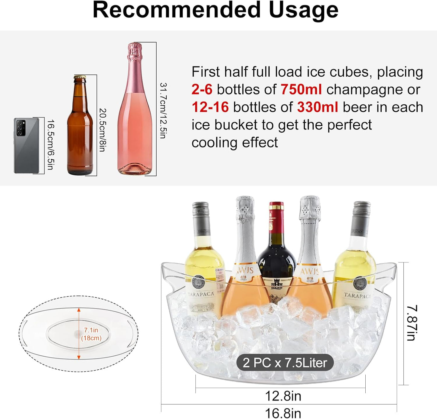 Ice Buckets for Parties 2 Packs,Portable Ice Bucket with Scoops, Thick Champagne Cooler,Drink Buckets for Cocktail Bar,Mimosa Bar Supplies,Beverage Tub Chiller for Wine,Beer (Clear, 5.5L)