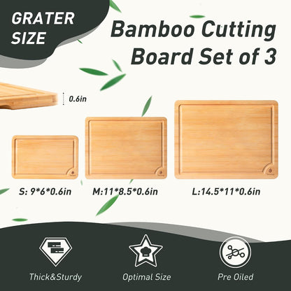 3 Packs Bamboo Cutting Board Set with Non Slip Feet Holder and Over Sink Nice Solid Thick Wood Juice Groove Chopping Board Extra Large Big Small Best Hardwood Kitchen Organic Vegetable Meat BBQ Kit