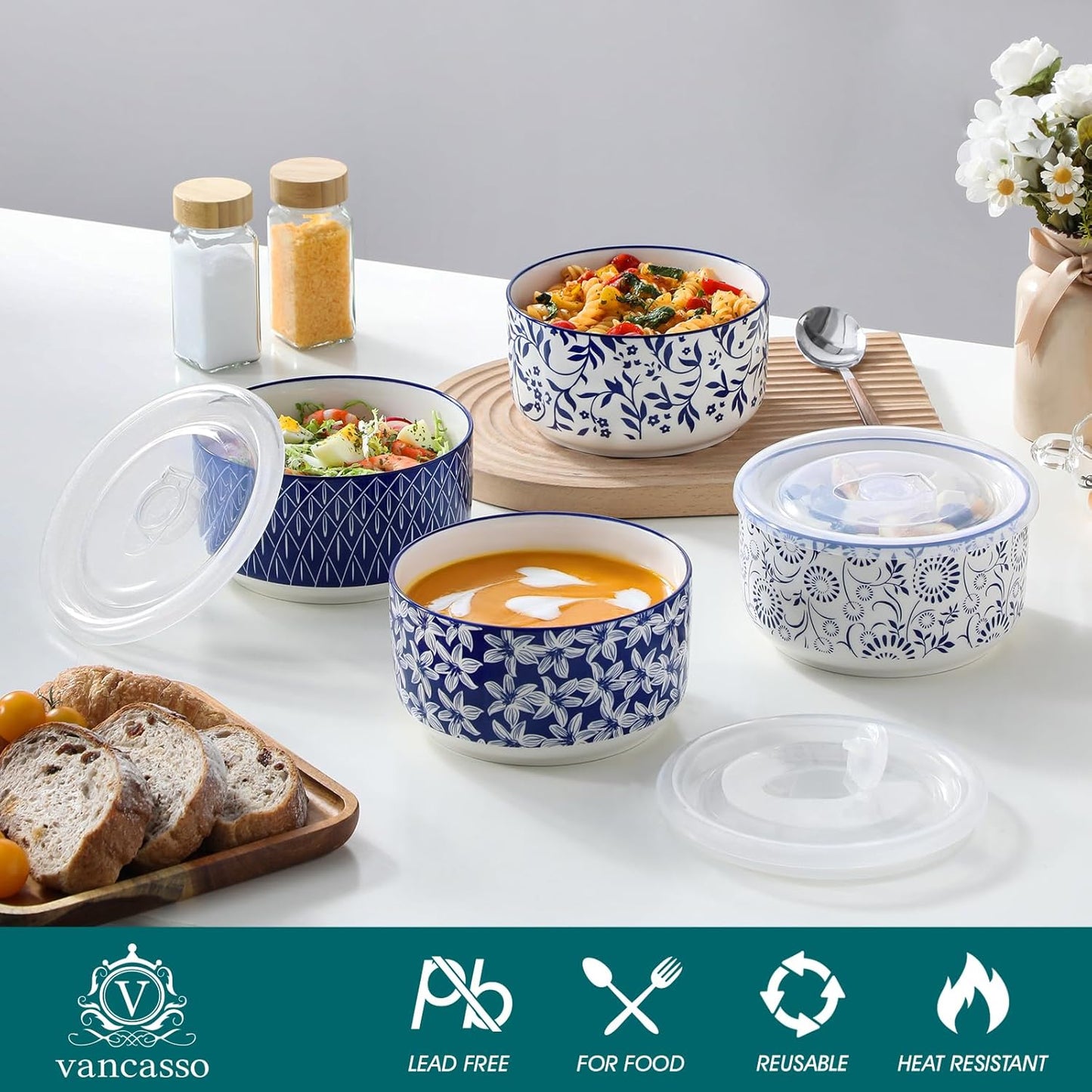 vancasso Ceramic Nesting Bowls with Lids Set of 4, Serving Bowls for Food Storage, Prep Bowl, Ceramic Bowl for Kitchen, Microwave & Dishwasher Safe, 60+36+20+10 Oz, Series SELENE